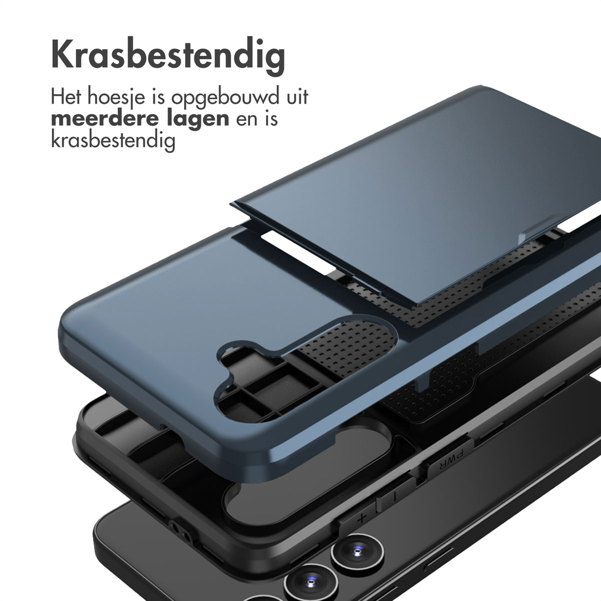 Ontploft aanzicht van een telefoonhoesje met meerdere lagen: boven, midden en onder, en de telefoon.