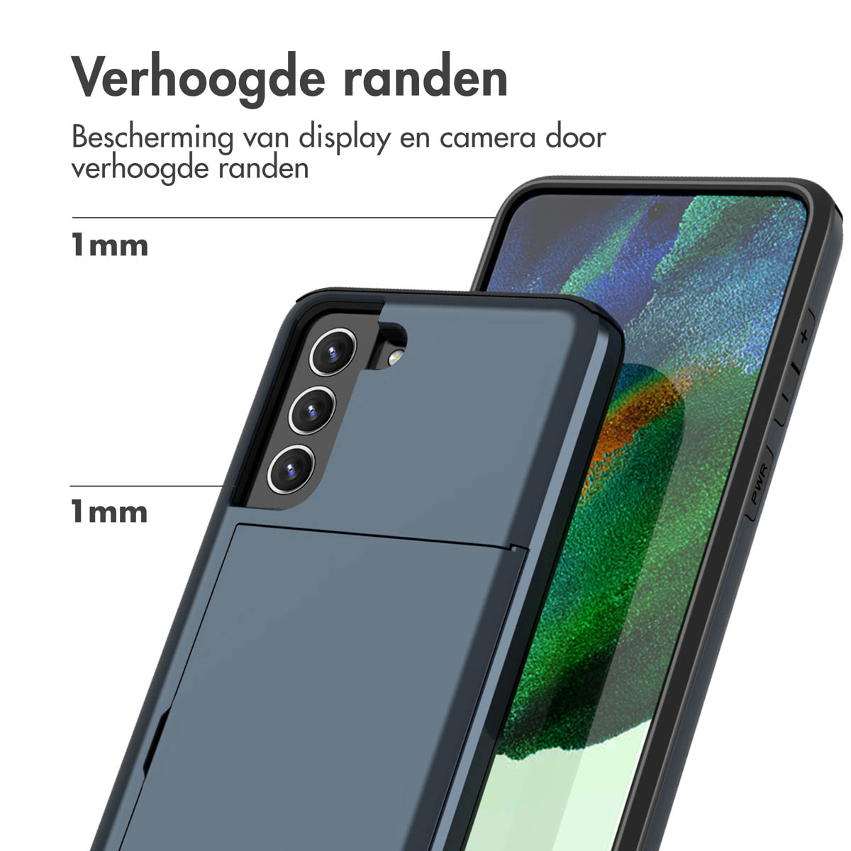 Telefoonhoesje met verhoogde randen, beschermt het scherm en de camera. Tekst: Verhoogde randen beschermen scherm en camera.
