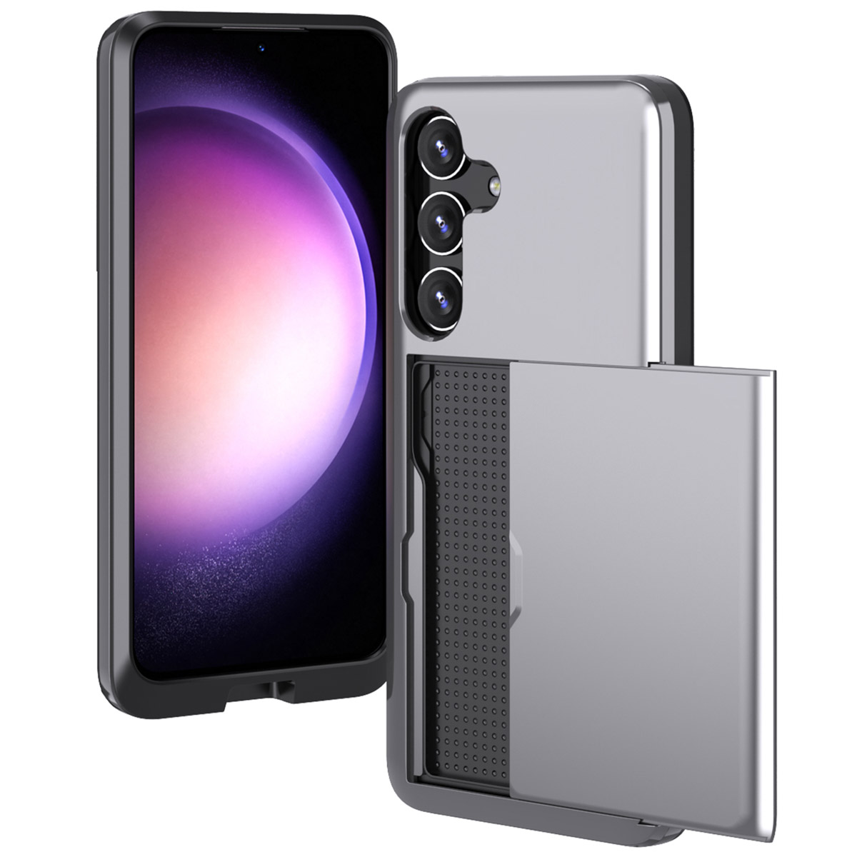 Zilveren telefoonhoes met een portemonnee-ontwerp. Toont de achterkant van de telefoon en de portemonnee.