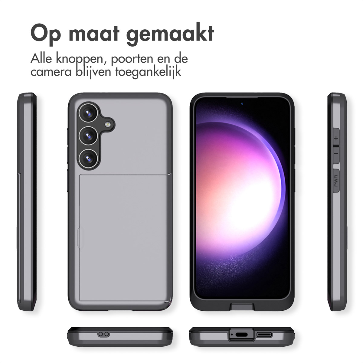Grijze telefoonhoes met uitsparingen voor knoppen, poorten en camera. Meerdere hoeken getoond.