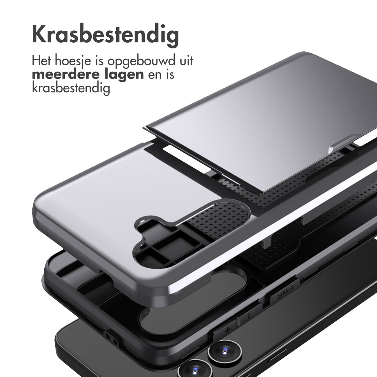 Telefoonhoes in lagen. De telefoon is gedemonteerd met de beschermhoes in lagen.