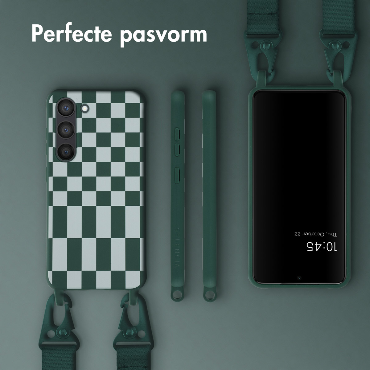 Coque de téléphone verte à motif quadrillé, téléphone et sangle. Le téléphone affiche l'heure.