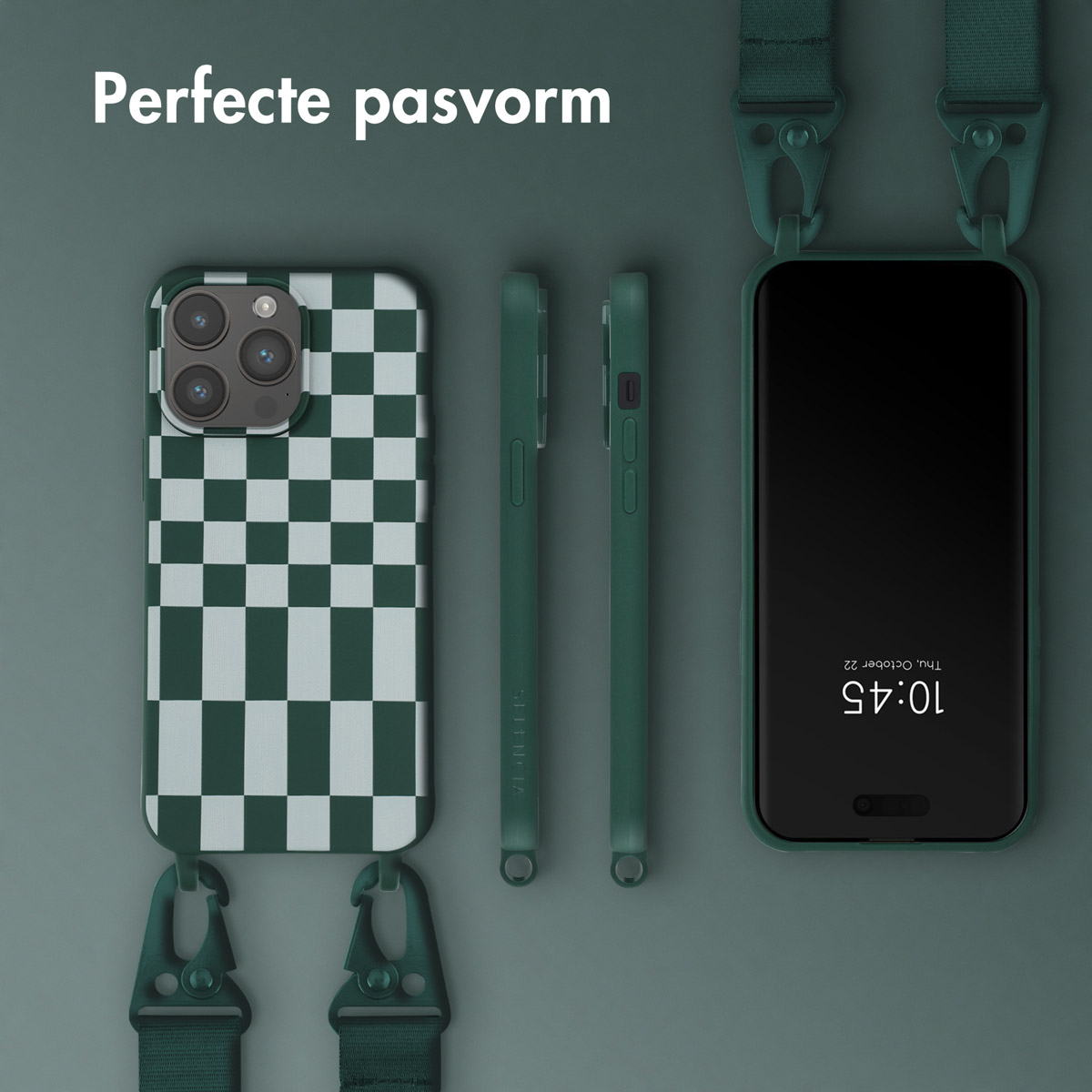 Een telefoon en hoes worden getoond met een groen ontwerp. De hoes is geruit.