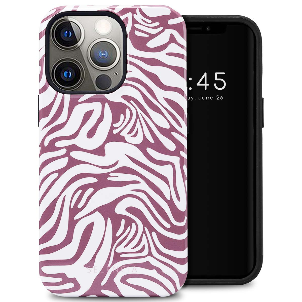 Telefoonhoesje met zebraprint. Telefoon rechts. Tekst: Tijd en datum.