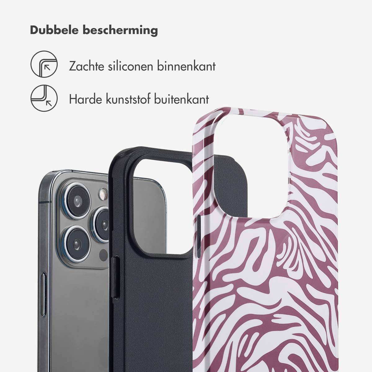 Telefoonhoesje met zwart-wit patroon op telefoon. Text: Dubbele bescherming.