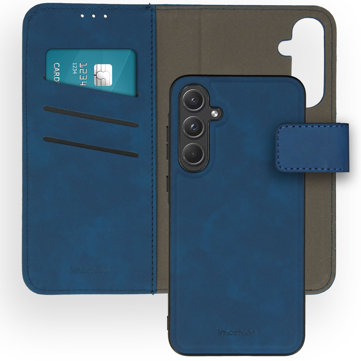 Étui de téléphone en cuir bleu, ouvert et fermé. Montre une fente pour carte et le téléphone. Intérieur marron, extérieur bleu. Fond blanc.