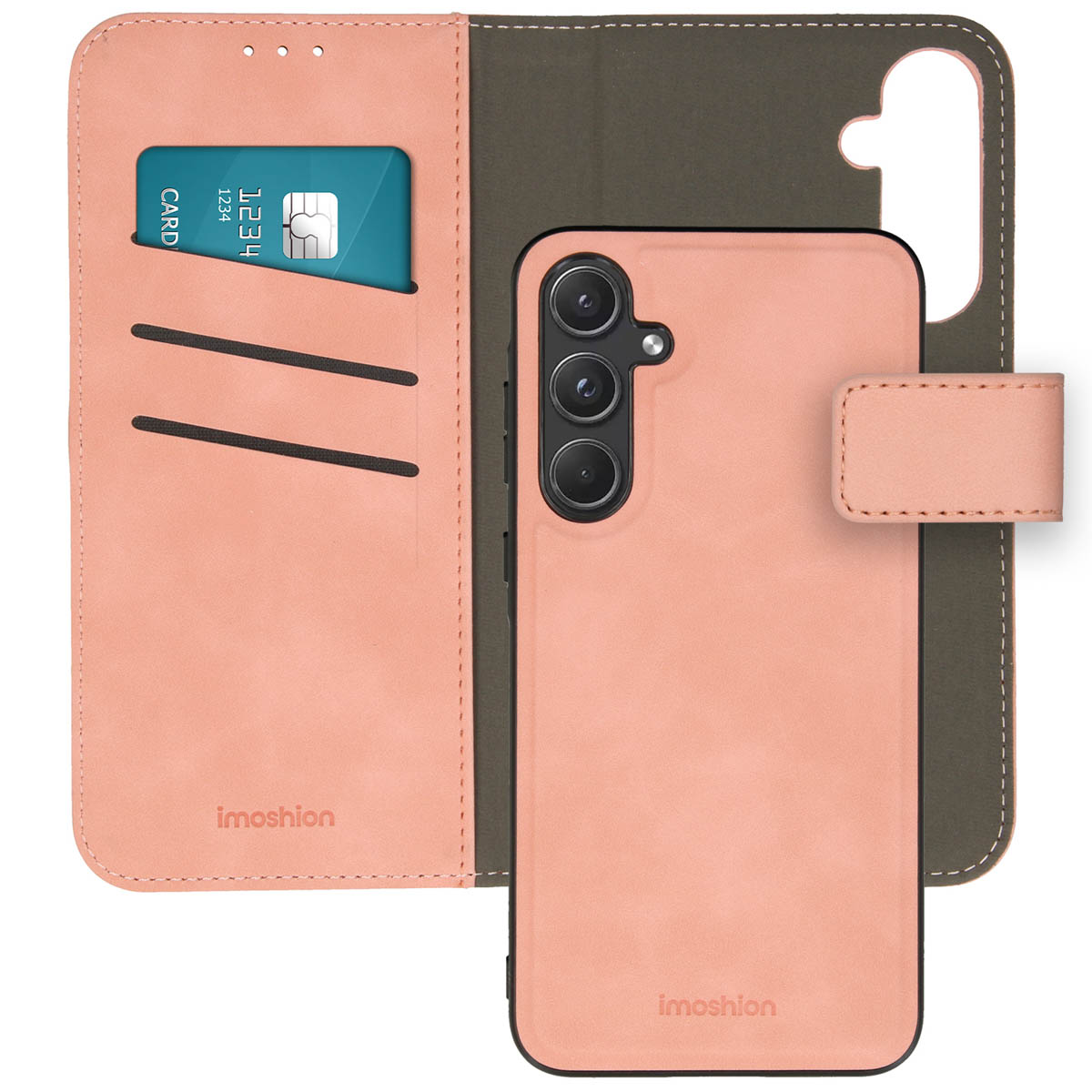 Roze telefoonhoesje met kaartsleuven, een teal kaart en een donker olijfgroene achterkant.