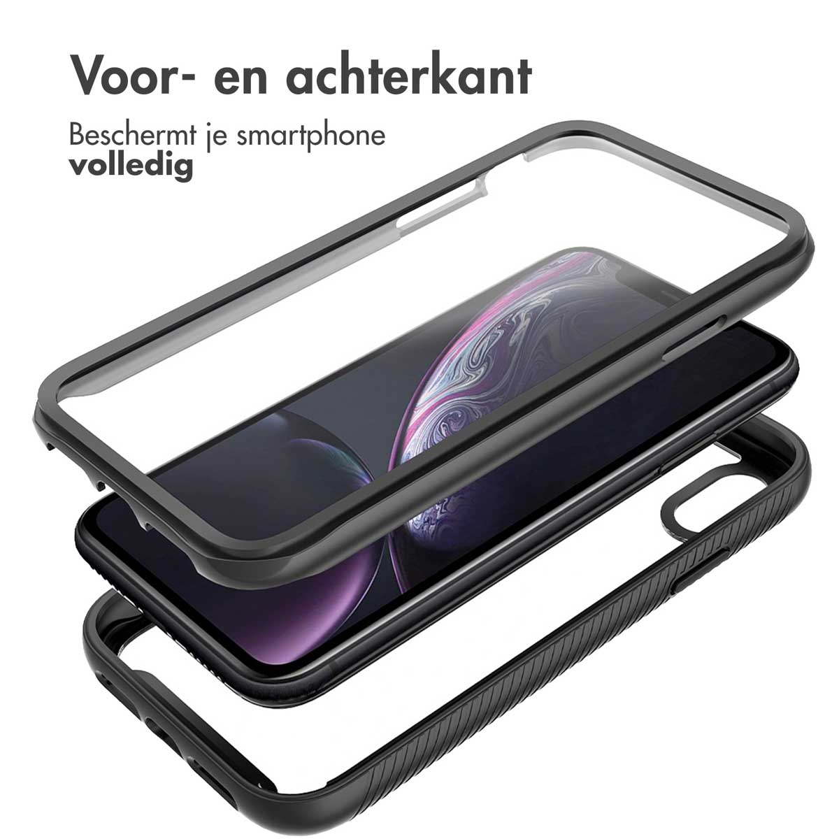 Een telefoonhoesje met drie lagen, zwart en transparant plastic.