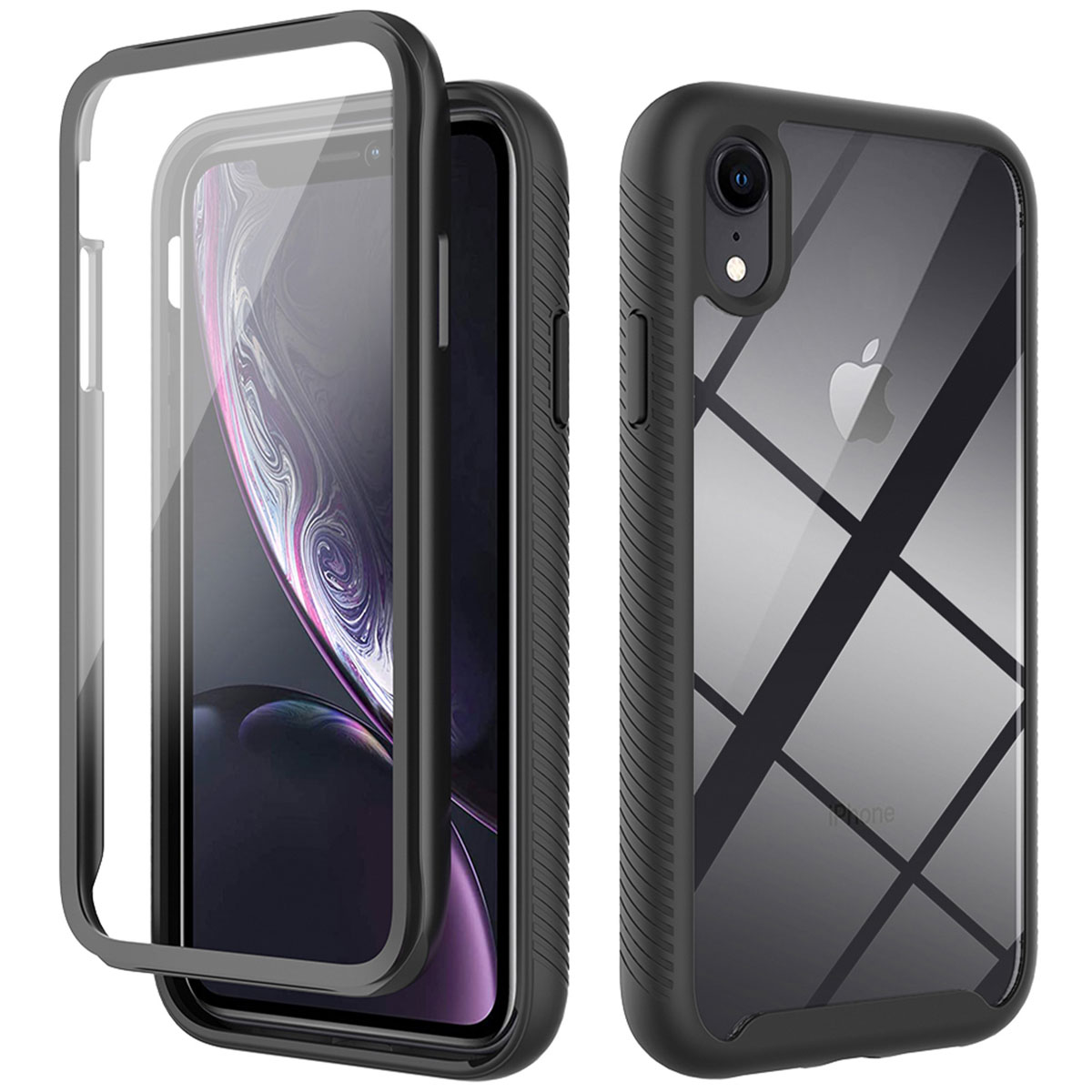 Een telefoon wordt getoond met twee doorzichtige hoesjes, waarvan één open. Een zwart hoesje beschermt de telefoon.