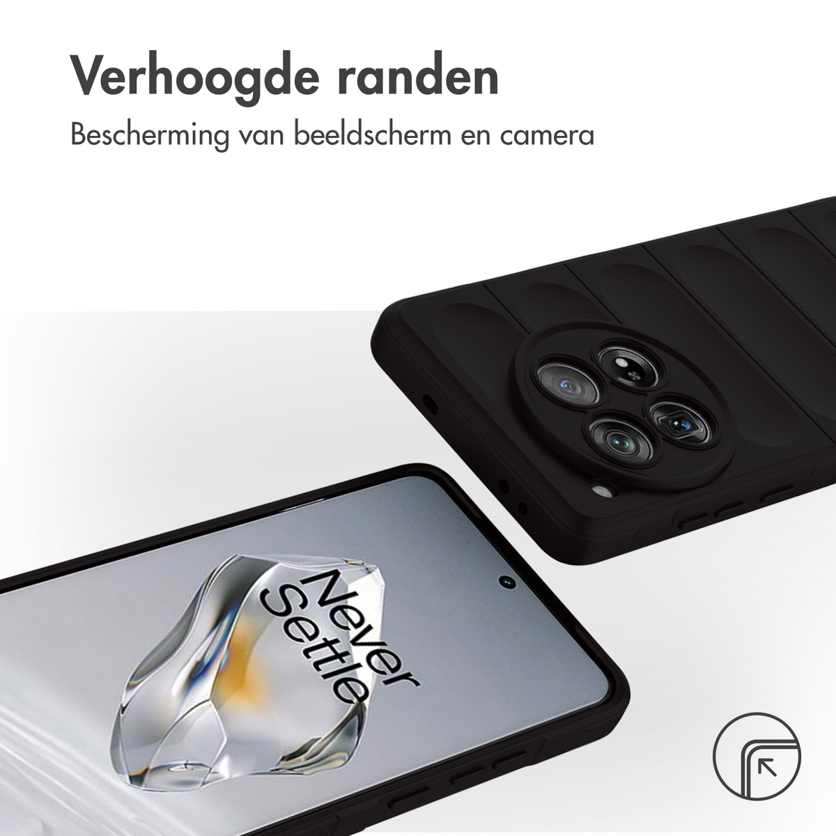 Una custodia nera per telefono con un design scanalato viene mostrata. Un telefono con schermo è visibile.