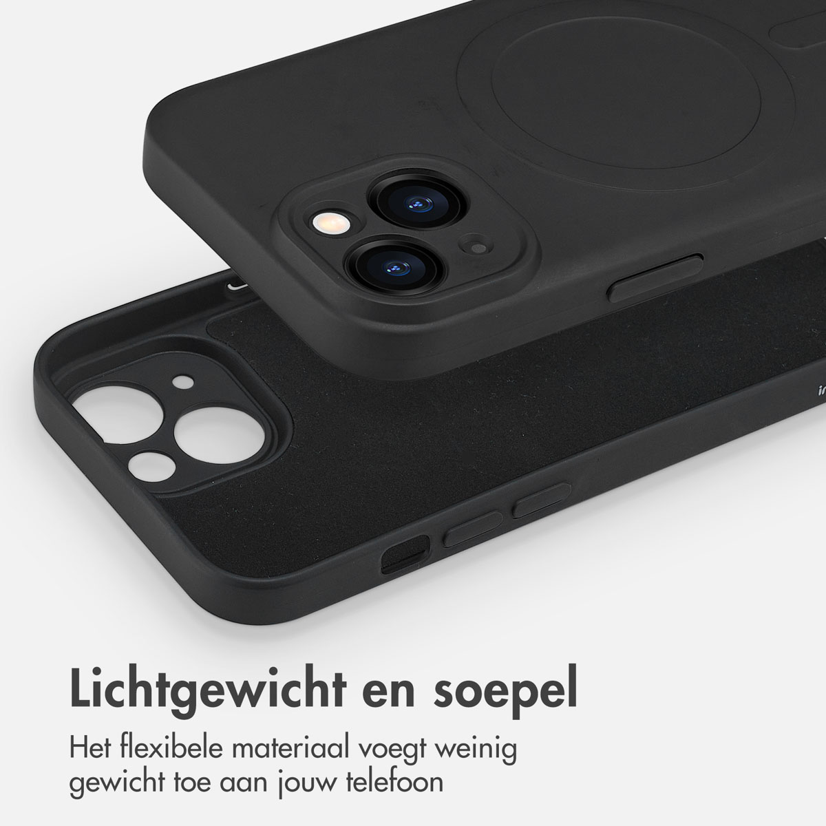 Black phone case with two camera lenses. A black phone is inside the case. 
