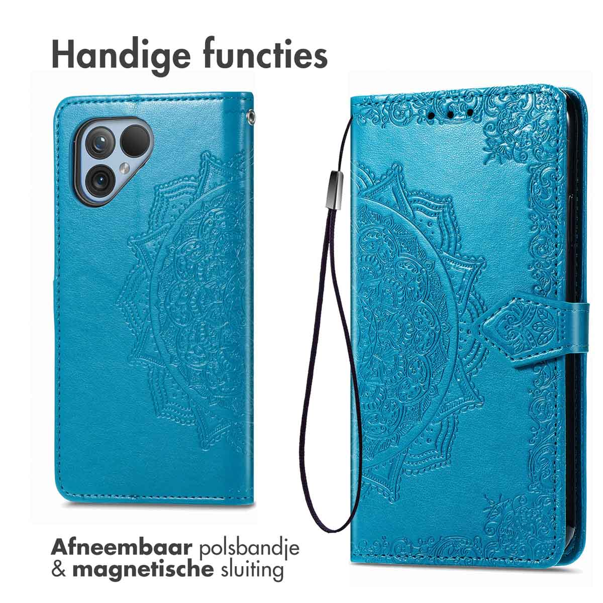 Un étui de téléphone bleu ouvert avec un motif de mandala, avec une dragonne amovible et une fermeture magnétique, fond blanc.