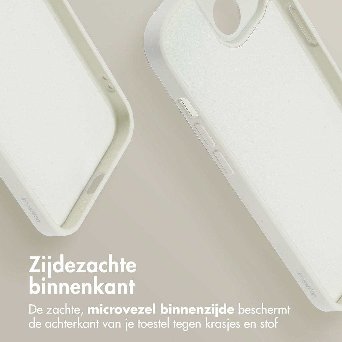 Two white phone case halves. One showing the interior, the other showing the exterior.