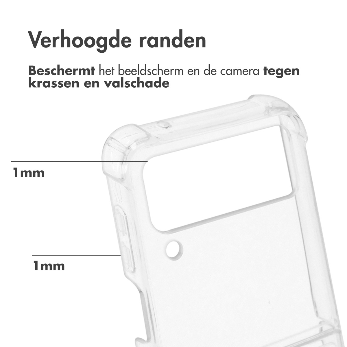 Een doorzichtige telefoonhoes met verhoogde randen wordt getoond. Metingen van 1 mm zijn ook zichtbaar.