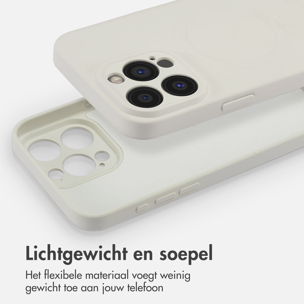 Een witte telefoonhoes wordt getoond, met de telefoon gedeeltelijk erin. De hoes heeft een cirkelvormige opening.