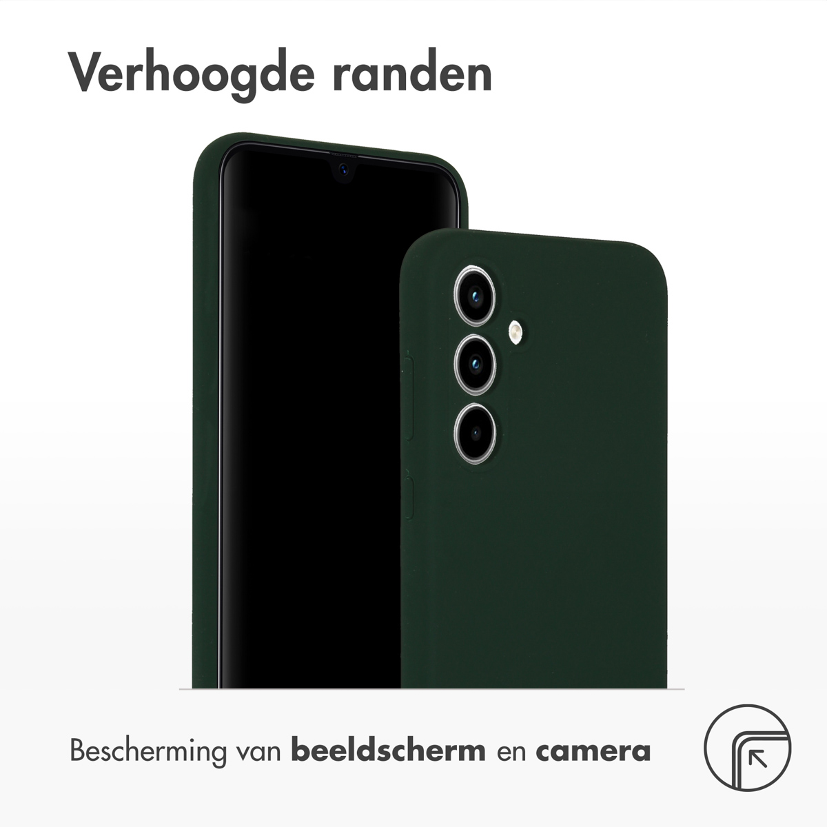 Grüne Handyhülle, Telefon teilweise sichtbar. Das Telefon hat drei Kameras. Der Hintergrund ist weiß.