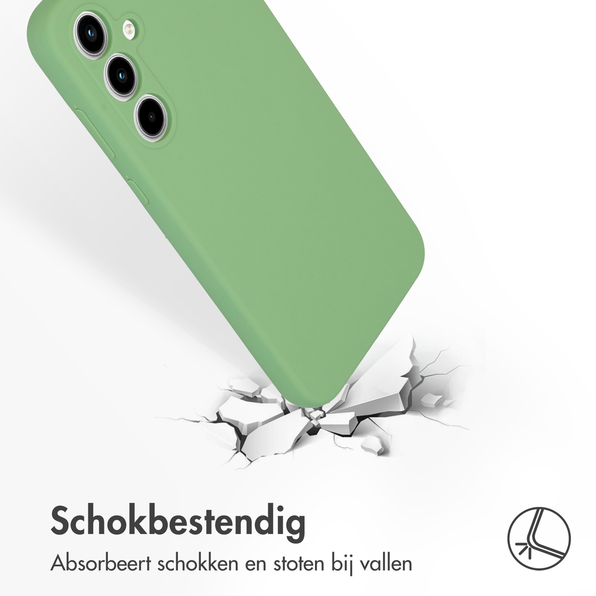 Eine Handyhülle fällt, dargestellt mit der Handyhülle oben und rissigem Boden.