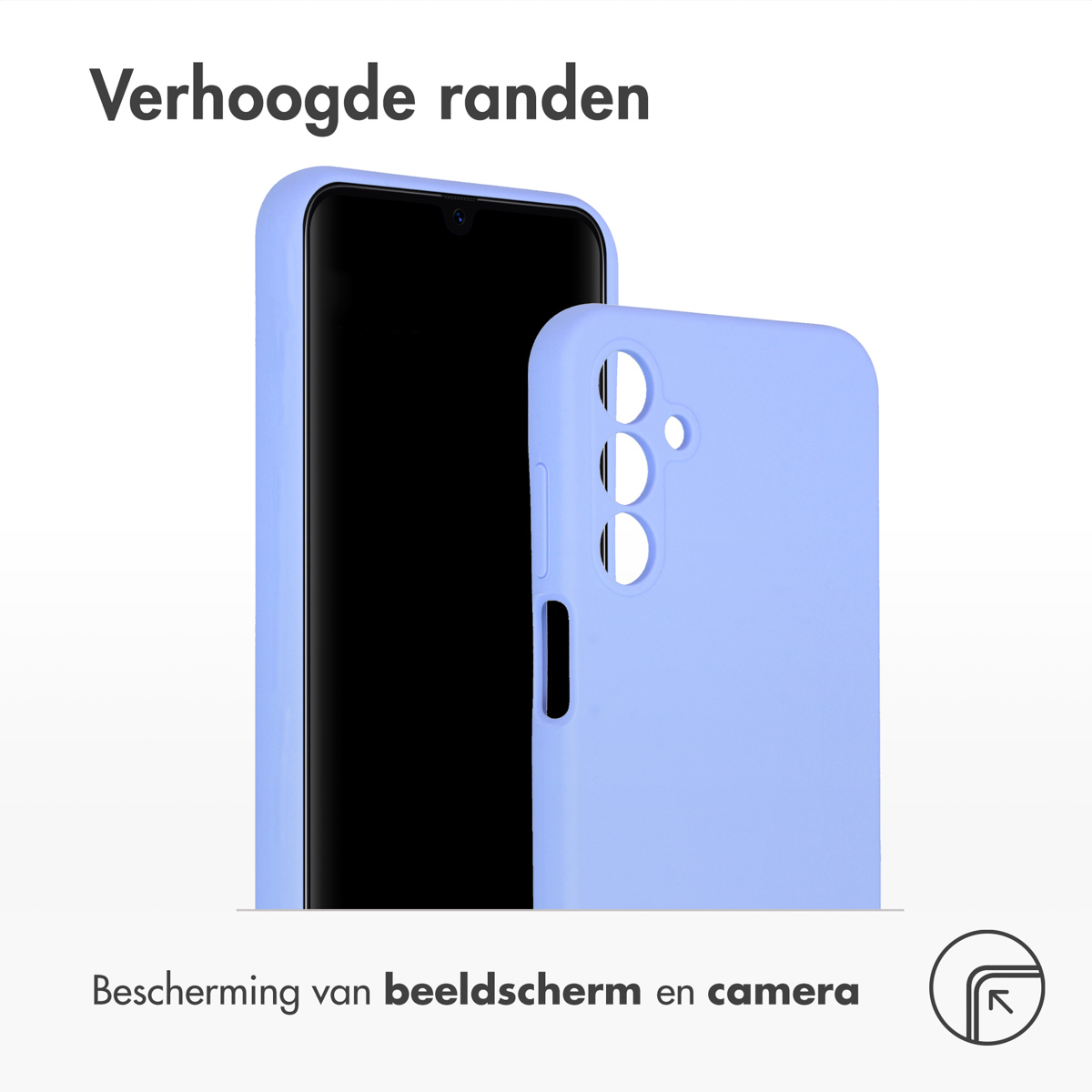 Een blauwe telefoonhoes wordt getoond. De telefoon is erin geplaatst. De hoes heeft verhoogde randen.