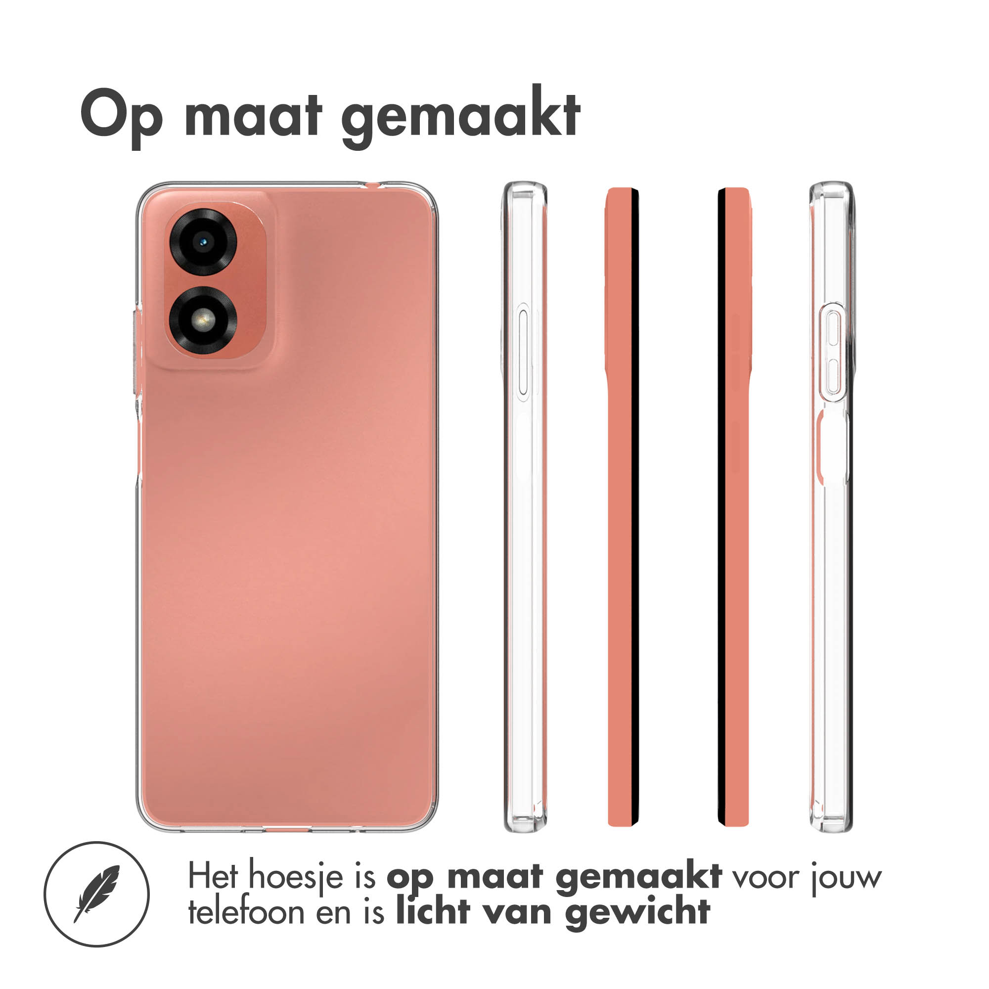 Coque de téléphone rose de couleur pêche. Plusieurs vues de la coque sont affichées.