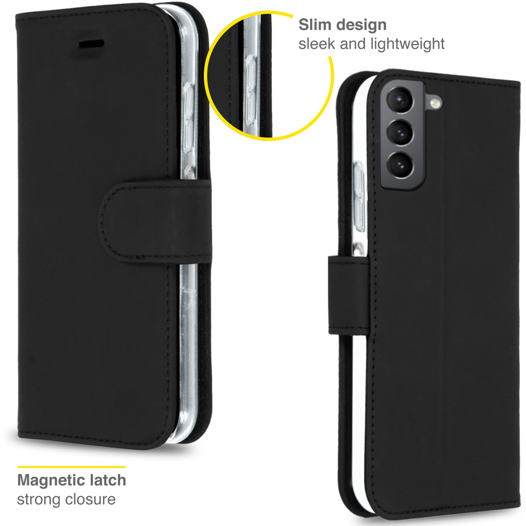 Coque de téléphone noire, ouverte et fermée. Montre le téléphone à l'intérieur. Fermeture magnétique. Bords argentés. Fond blanc.