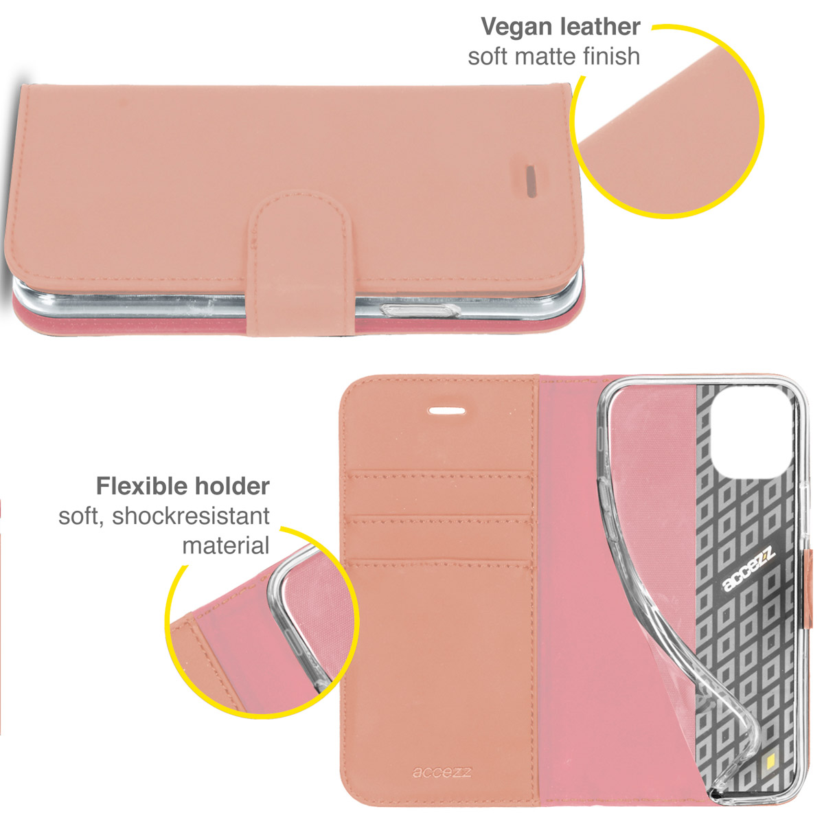 Une coque de téléphone rose, avec une texture cuir. Elle s'ouvre pour révéler un support de téléphone et le téléphone.