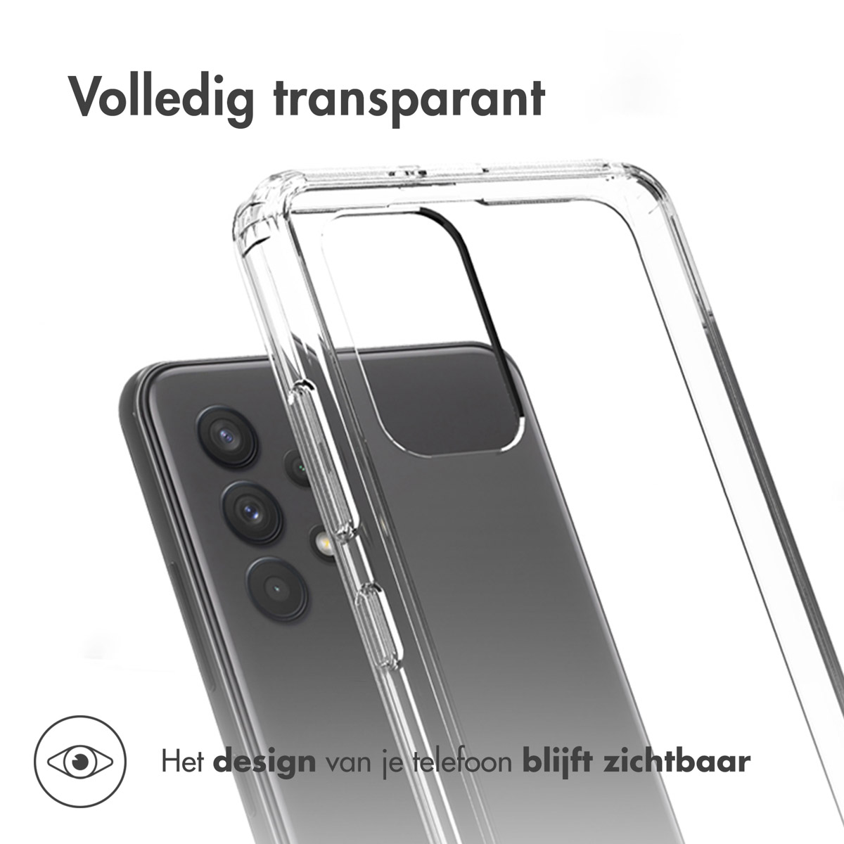 Een doorzichtige telefoonhoes zit op een telefoon, iets open. De tekst zegt dat het ontwerp zichtbaar blijft.
