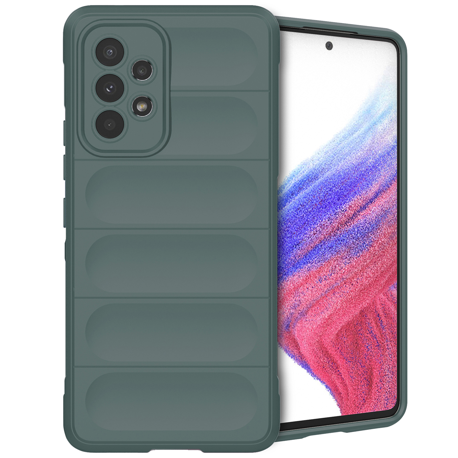 Coque de téléphone verte sur un téléphone. La coque a un design texturé. La caméra du téléphone est visible.