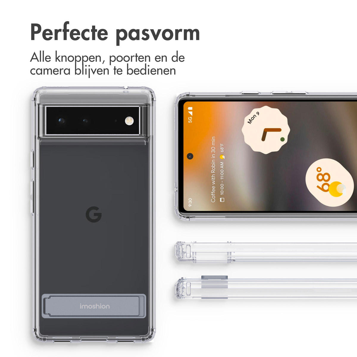 Transparante telefoonhoes met een telefoon erin, die de tijd weergeeft. Extra hoesjes worden getoond.
