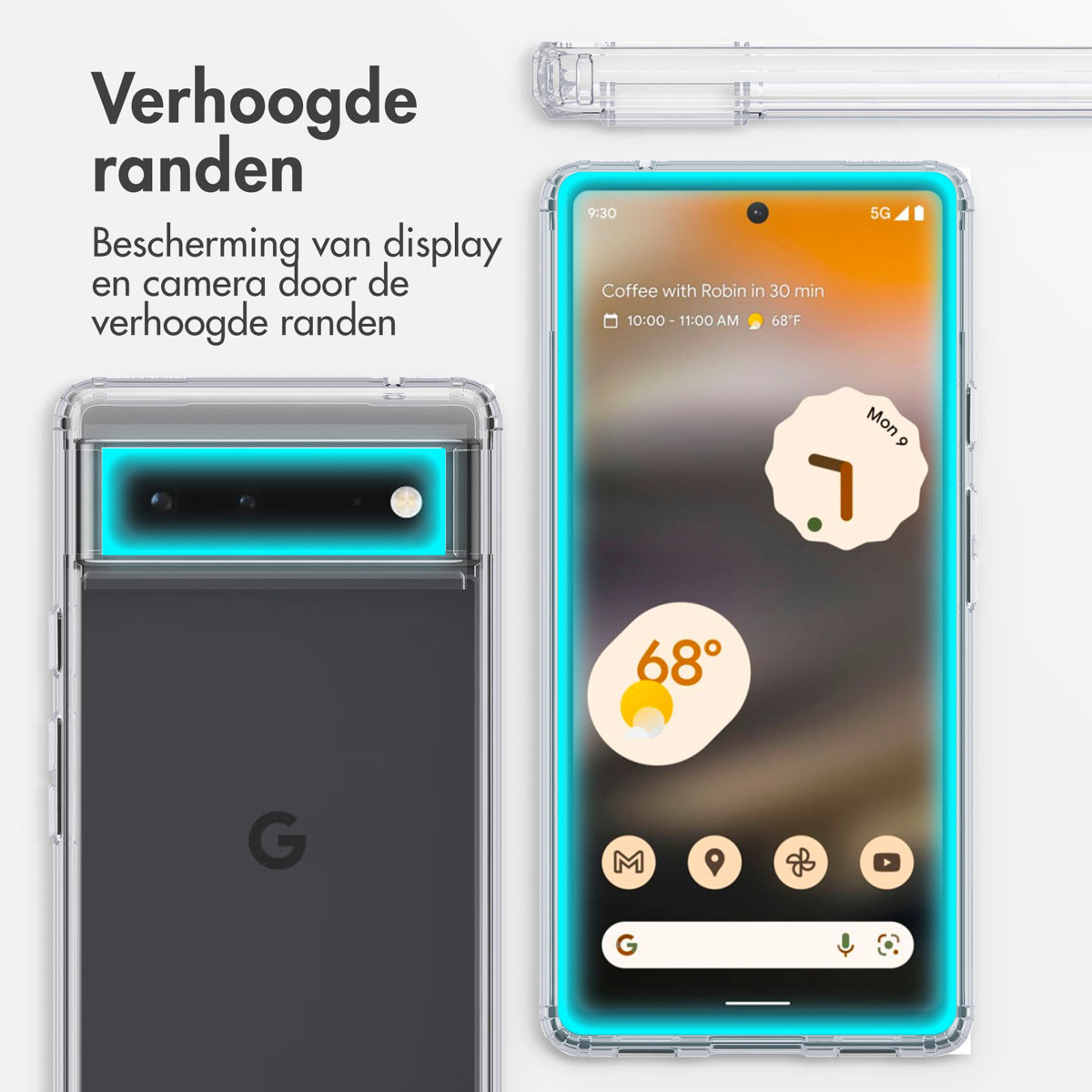 Een doorzichtige telefoonhoes met een telefoonscherm waarop een weer-app wordt weergegeven.