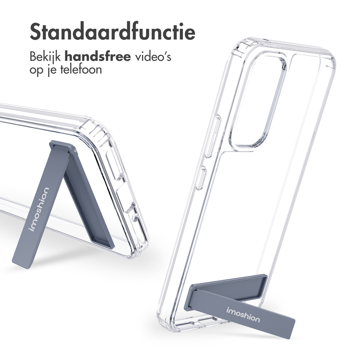 Transparante telefoonhoes met een standaard. De telefoon zit in de hoes. De standaard is grijs.