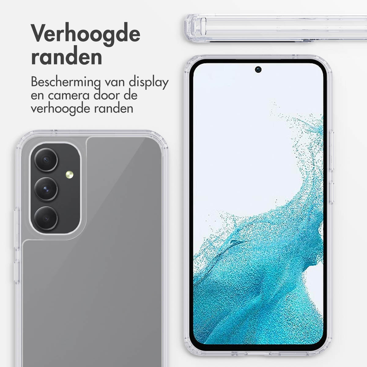 Transparante telefoonhoes met telefoon op witte achtergrond. Tekst bovenaan. De telefoon heeft camera's.