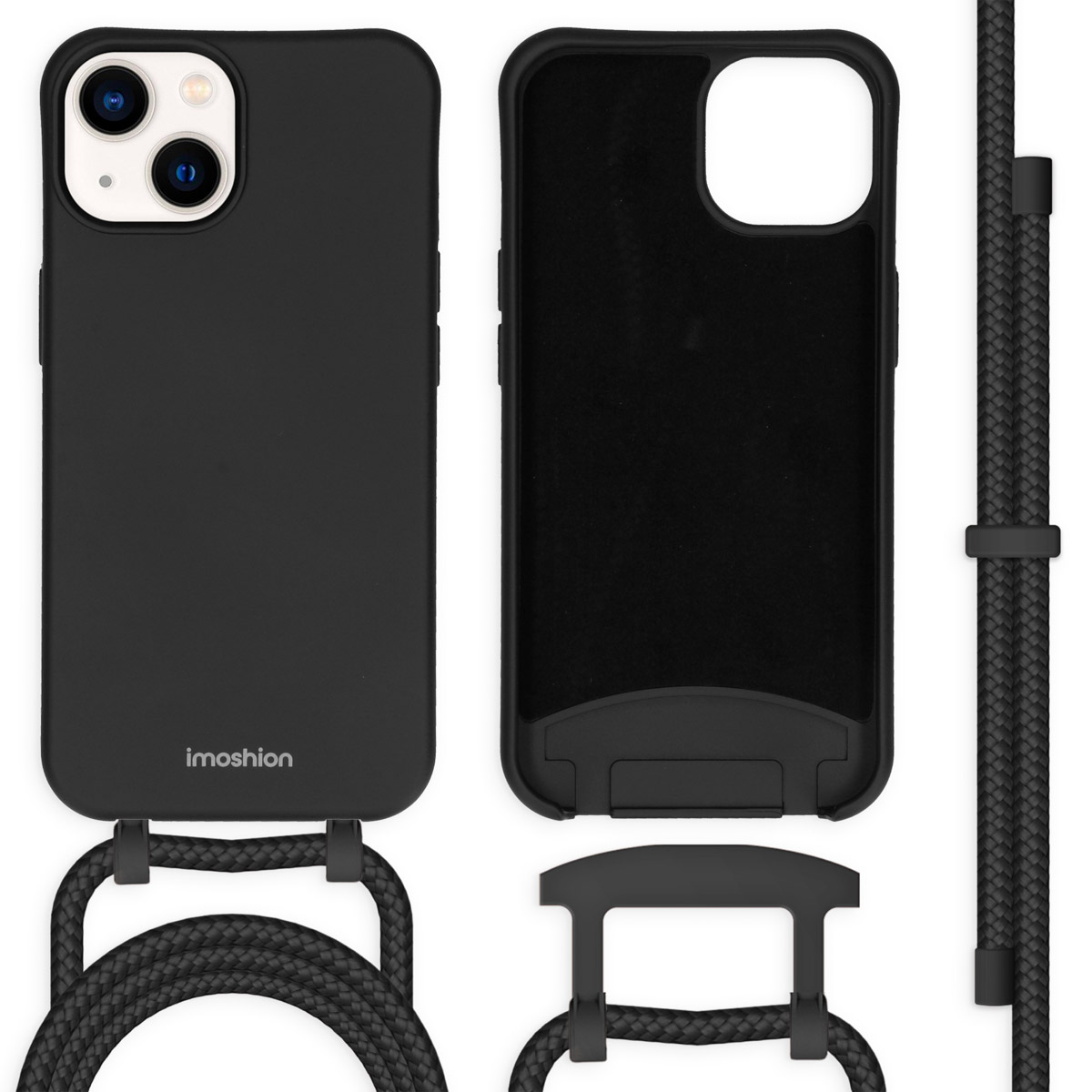 Coque de téléphone noire avec cordon noir et un étui noir. La coque de téléphone porte le logo imoshion.