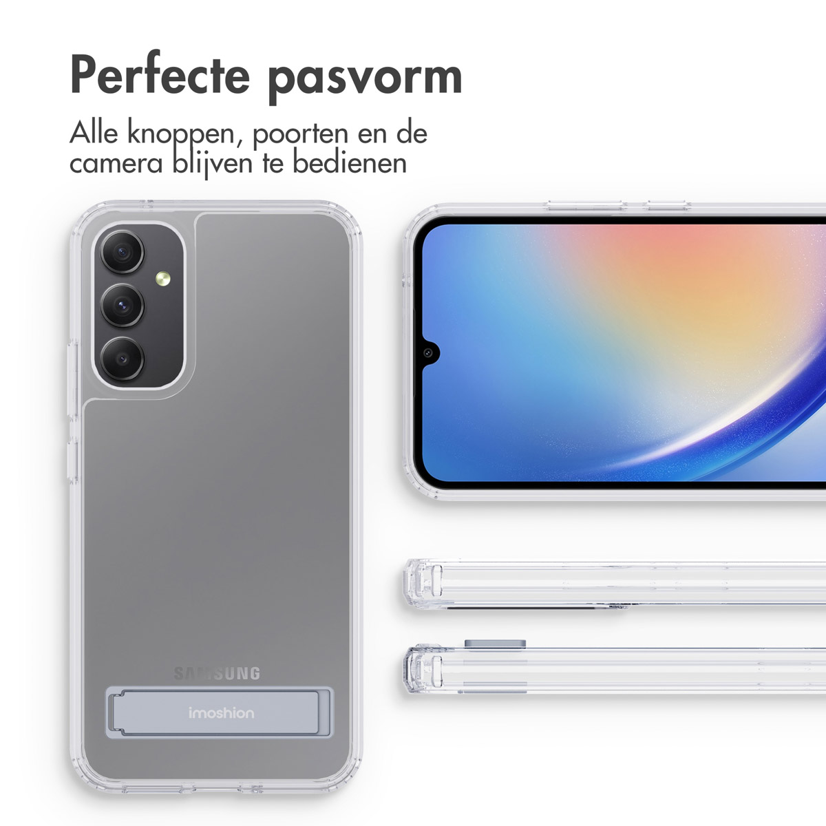 Coque de téléphone transparente avec un support. Téléphone avec écran allumé. Plusieurs vues.