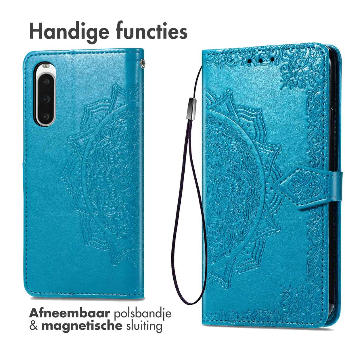 Blauwe telefoonhoes met mandala-ontwerp. Open en gesloten weergaven, met afneembare polsband. Witte achtergrond.