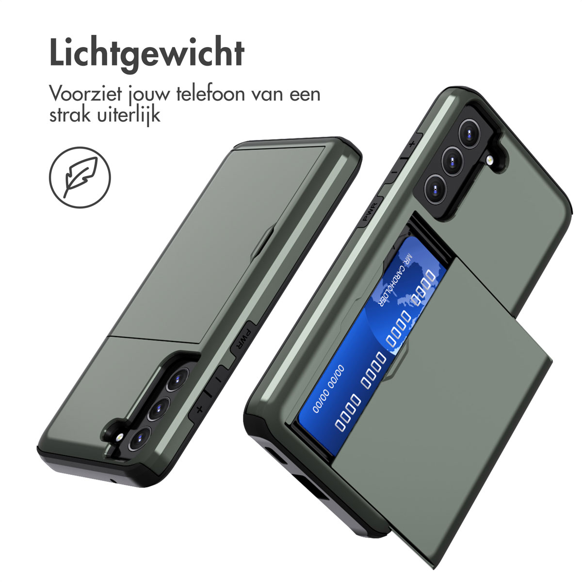 Groene telefoonhoes met een kaartsleuf, open. De telefoon zit in de hoes.