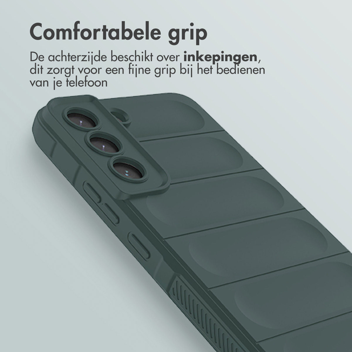 Donkergroene telefoonhoes met een telefoon erin. De telefoonhoes heeft een bobbelig textuurontwerp. De achtergrond is licht.