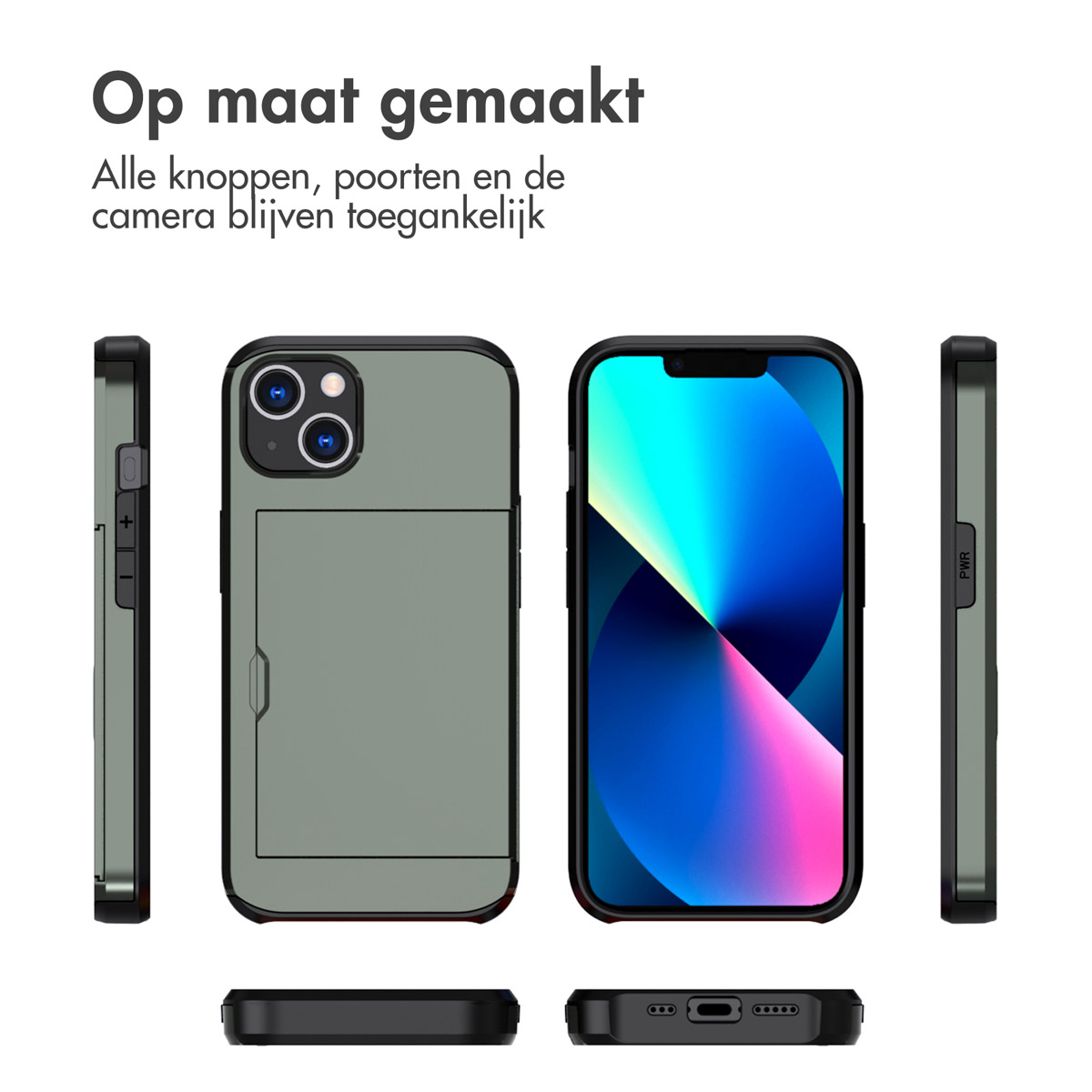 Telefoonhoes op maat gesneden met zijaanzichten en een witte achtergrond. Alle knoppen, poorten en camera zijn toegankelijk.