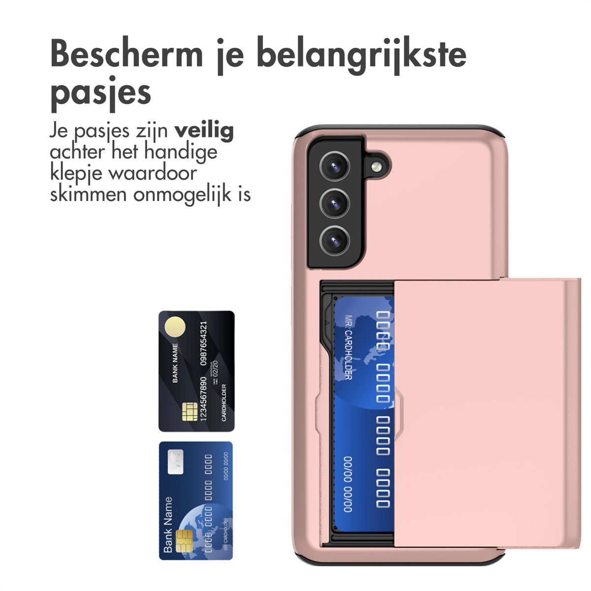 Een roze telefoonhoesje met een kaarthouder en twee kaarten. Roze achtergrond.