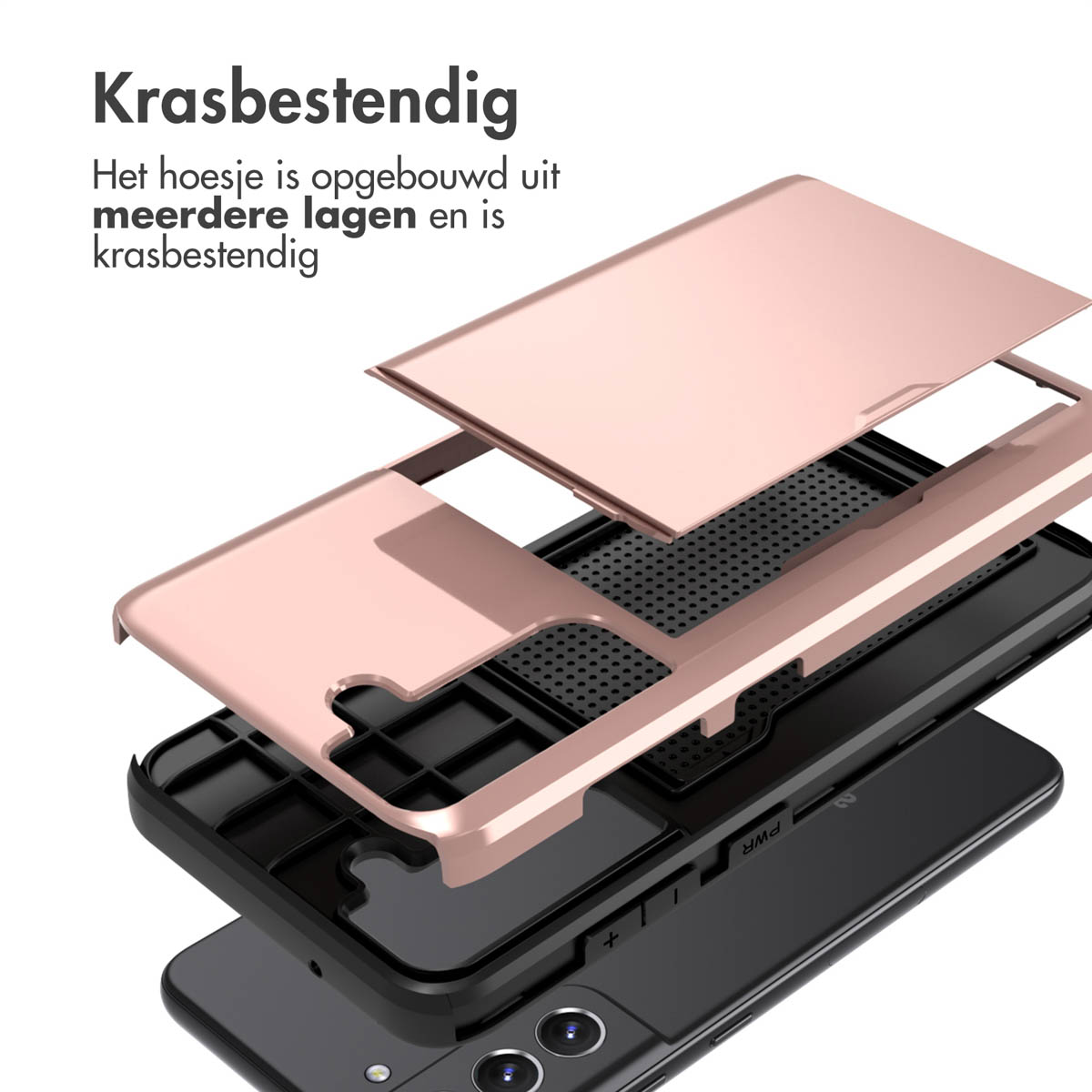 Exploded view van een roségouden telefoonhoesje met meerdere lagen. Zwarte telefoon zichtbaar eronder.