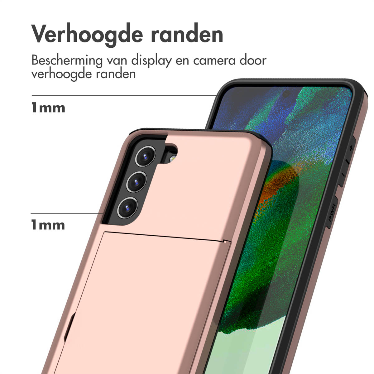Close-up van een telefoon in een roségouden hoesje, met een tekstoverlay. De hoes heeft verhoogde randen.