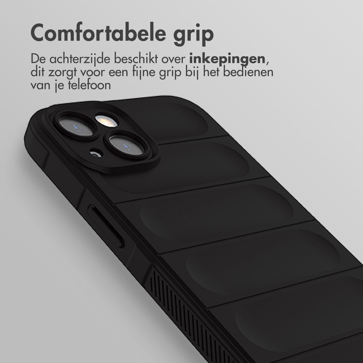 Coque de téléphone noire avec dos texturé. Les lentilles de la caméra sont visibles.