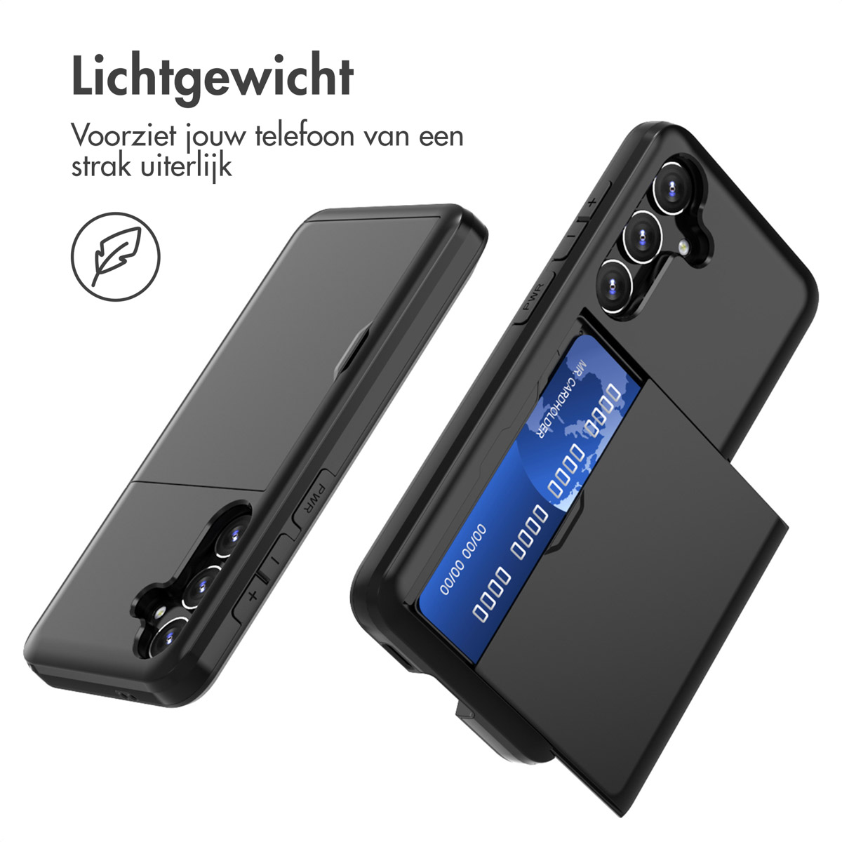 Zwarte telefoonhoes met kaarthouder, twee telefoons met verschillende weergaven.