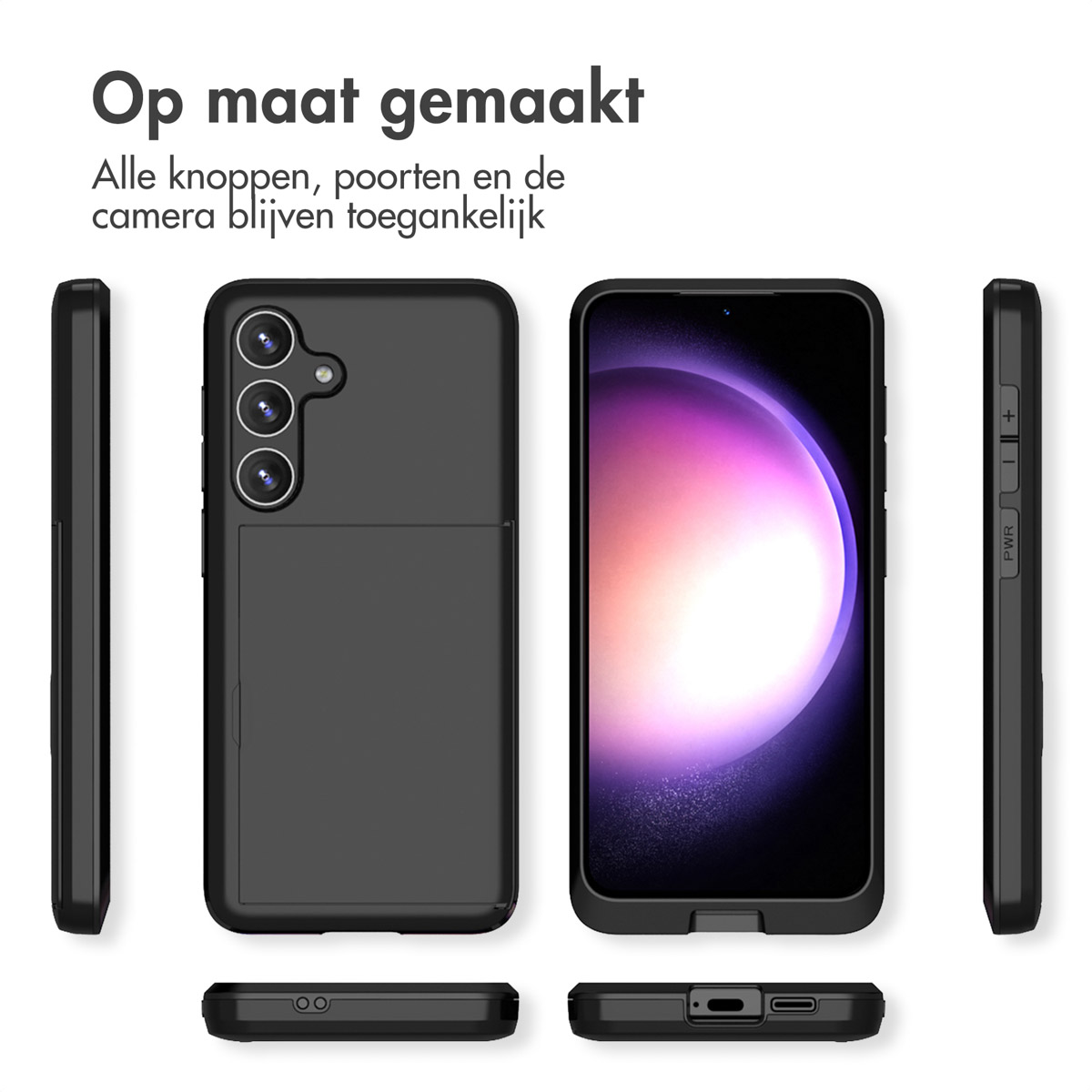 Een zwarte telefoonhoes met een telefoon. De hoes wordt vanuit meerdere hoeken getoond.