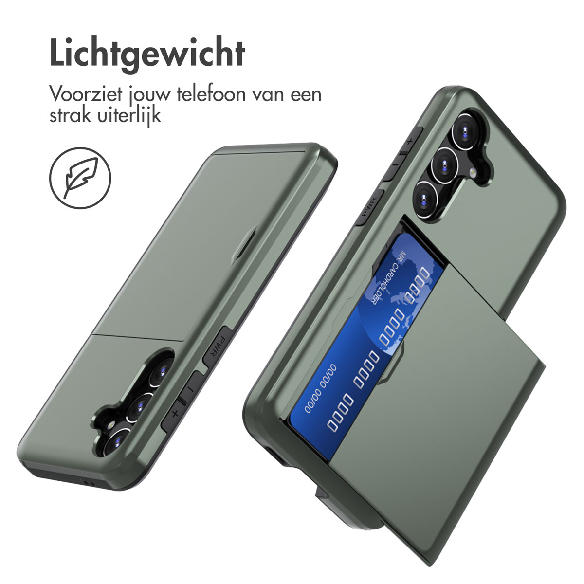 Een olijfgroene telefoonhoes met een kaarthouder wordt getoond. Een kaart is gedeeltelijk zichtbaar. De telefoon zit in de hoes.