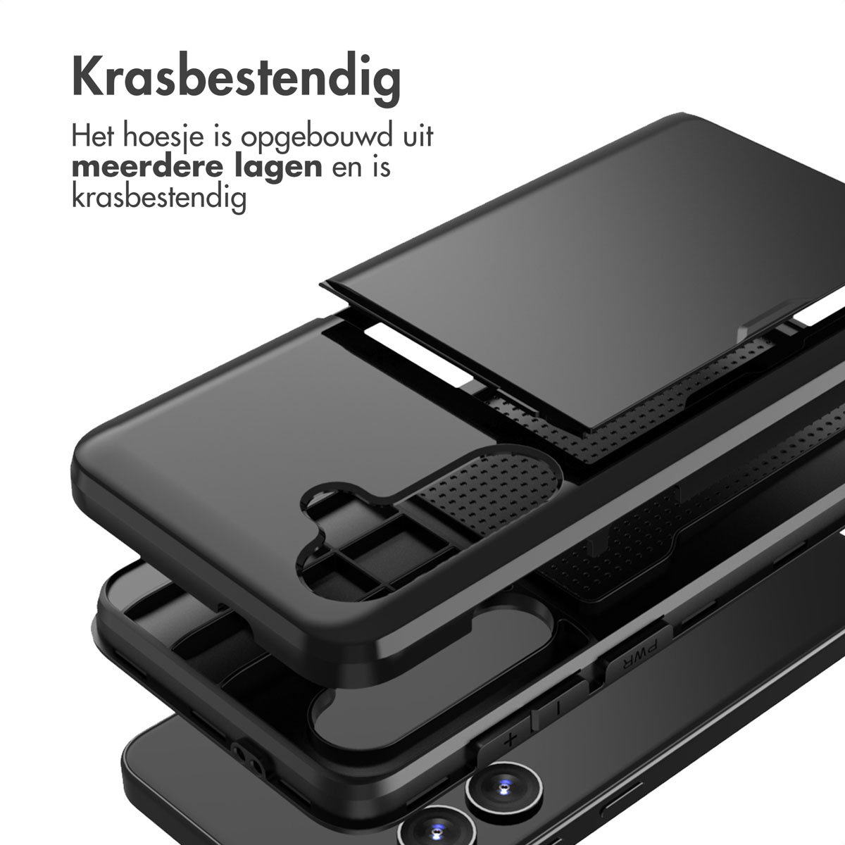 Exploded view van een zwarte telefoonhoes met meerdere lagen. Telefoon zichtbaar eronder.