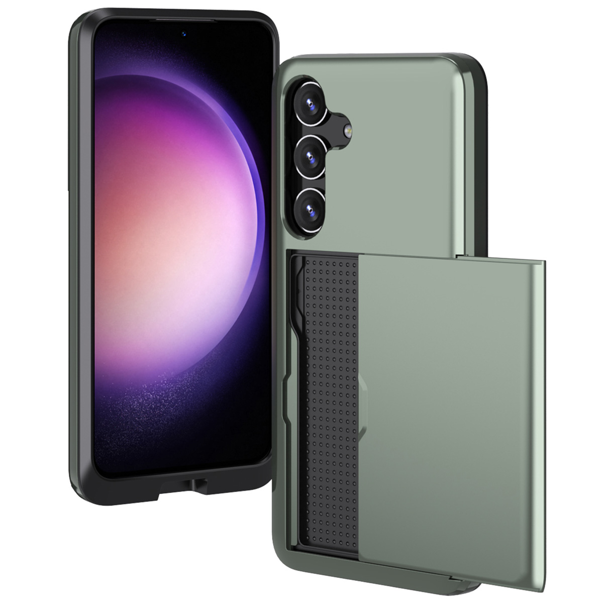 Groene telefoon met een portemonneehoesje. Telefoon staat op de achtergrond. Witte achtergrond.