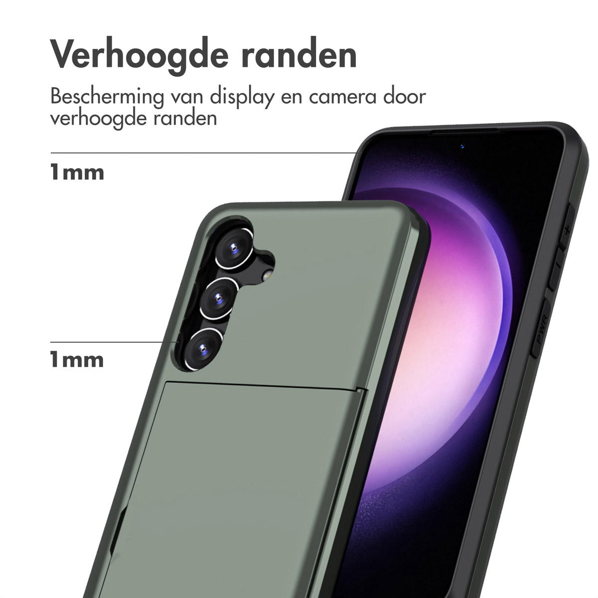 Een donkergroene telefoonhoes met een telefoon erin. De hoes heeft verhoogde randen.