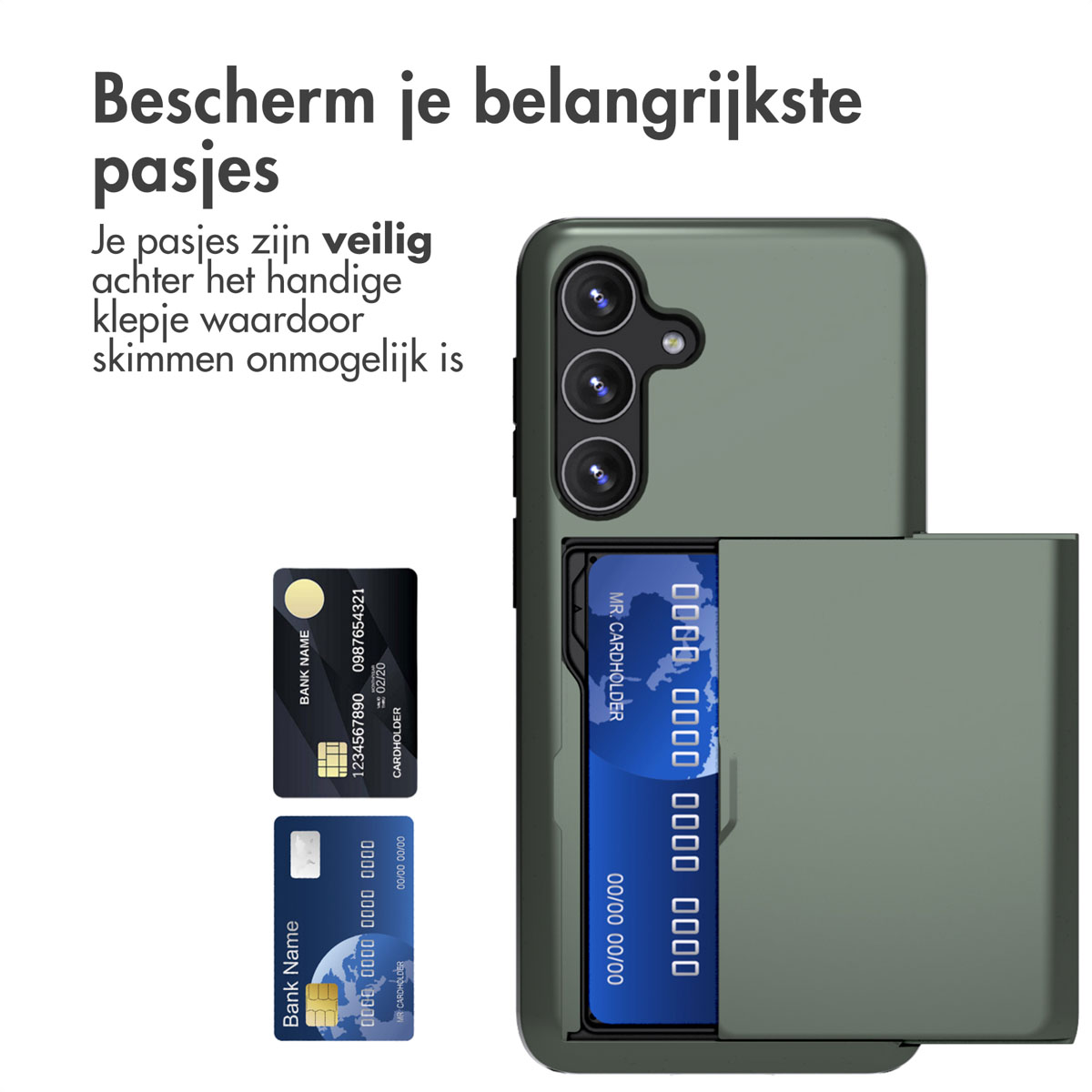 Kaki telefoonhoes met creditcards. De hoes heeft een kaarthouder met schuifdeksel.