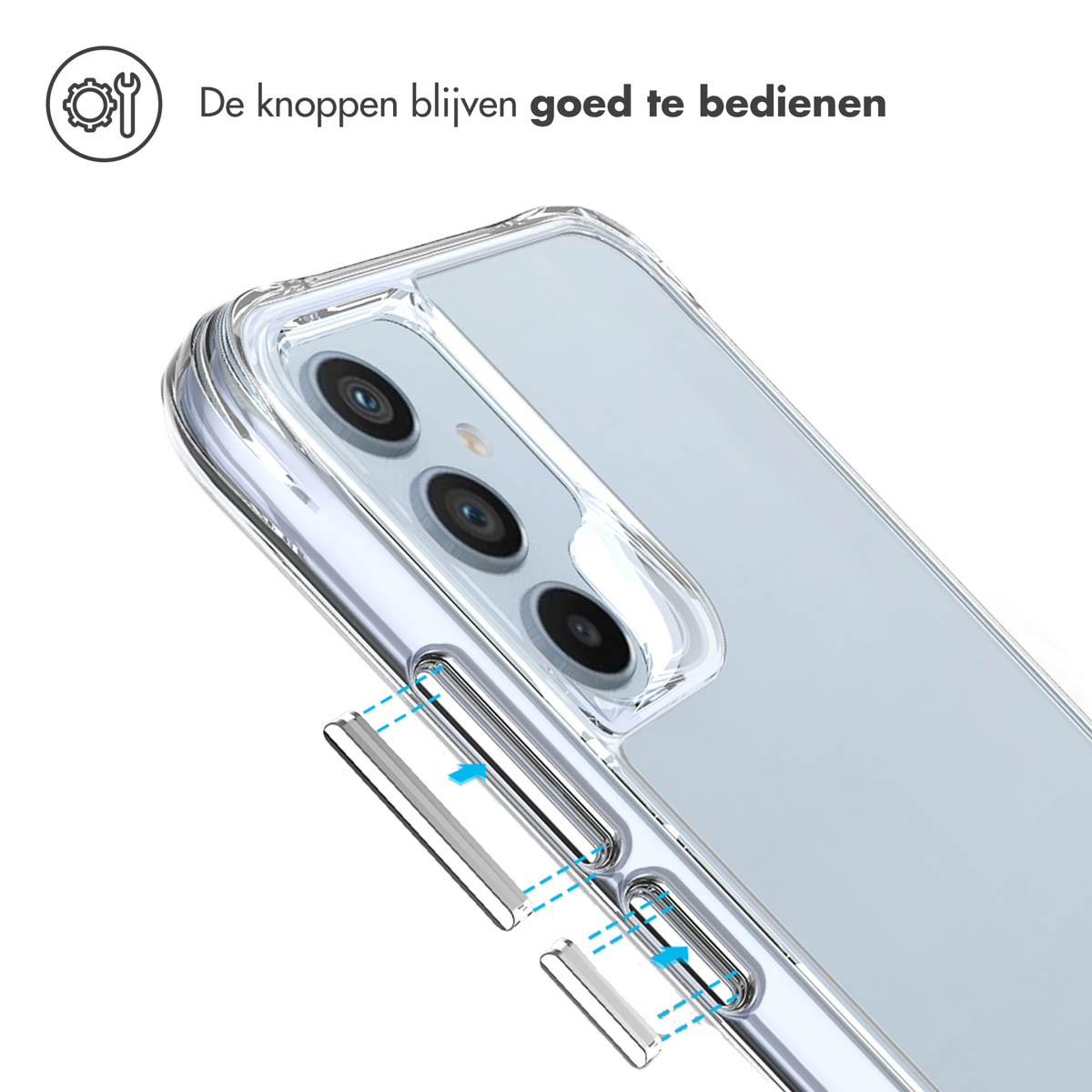 Een telefoonhoesje met uitsparingen voor knoppen. De tekst zegt dat de knoppen gemakkelijk te bedienen blijven.