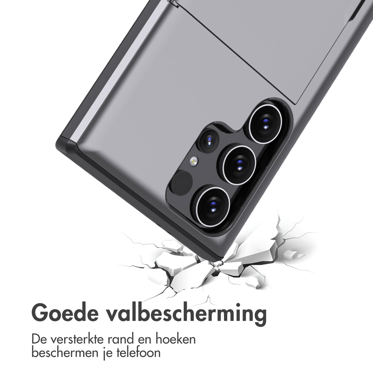 Een donkergrijze telefoonhoes naast een gebroken grond met een afbeelding van een telefoon.